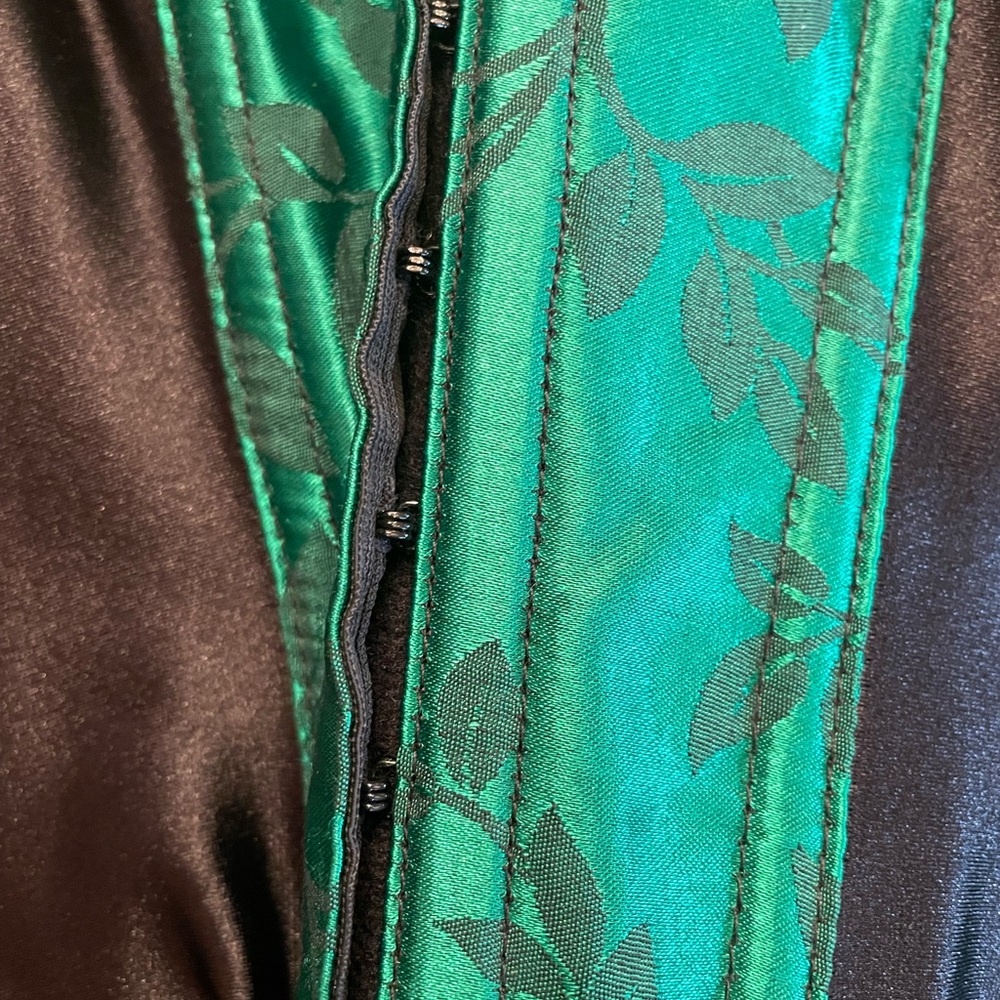 Emerald Satin Lace Up Corset With Ivy Pattern View 2
